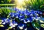 Placeholder: blue water hyacinths, blue or gold light effects colors, a lovely pond with water hyacinths, clear sunny light, highly detailed, luminous rays of the sun, high contrast, HDR, 8k, high definition, realistic, concept art, sharp focus