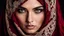 Placeholder: A woman with striking golden-brown eyes, which are partially concealed by a dark red headscarf. Her shyly looking into the camera. The combination of her lace veil headscarf and beautiful eyes creates an intriguing and visually appealing scene, highly detailed, high contrast, perfect lights, masterpiece