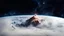 Placeholder: viewing a fog and cloud planet from above in space. a single, colossal mountain peak proudly extends through the foggy atmospheric layer. stars glitter in the background