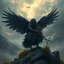 Placeholder: air is charged with magic around a storm crow bird rider with wings and beard and hair is full of feathers above holy valley