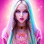 Placeholder: beautiful, soft, smiling face, whole head, long straight blonde hair blues eyes, crown on the head, clothing in transparent bluish and pink veil, background brillante bluish and pink, hight definition, 8K