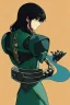 Placeholder: Motoko Kusanagi from "Ghost In The Shell (1995)", clad in medieval stell plate armour, alone, blue eyes, perfect, beautiful, black hair, in the style of 90-s anime, androgynous, melancholic, moody