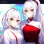 Placeholder: Clear focus, 8k, beautiful lighting, vibrant colors, girl, white hair, long hair, vibrant red eyes, ponytail, same twins, white hair, red eyes, same clothes, miko, hair in between the eyes,