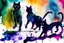 Placeholder: cats playing activity, melting watercolor and black ink outlines on wet paper, soft, shading strokes, in sunshine, ethereal, otherwordly, cinematic postprocessing, bokeh, dof