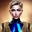 Placeholder: madonna, Cyborg queen, light blonde hair, pixie hairstyle, cobalt eyes, waist up portrait, 8k resolution, intricate details, ornate details, soft lighting, vibrant colors, masterpiece, intricate eyeliner, dark eyeshadow, eyes, intricate tattoos, gradient background