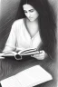 Placeholder: Pencil sketch of Young woman, Arab features,sad, long wavy hair, reading a book, full body، on lined paper