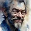 Placeholder: dnd, fantasy, watercolour, large strokes, stylistic, portrait, illustration, dull colours, male, face, weathered face, sly, violent, evil, smiling