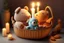 Placeholder: Cute but quirky stuffed animals lie in a carved basket on a soft sling, by candlelight