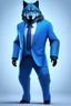 Placeholder: um lobo bípede gordo,usando uma roupa azul,detalhado.