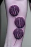 Placeholder: Very small tattoo in the shape of a purple Asteracea flower Photorealistic