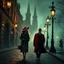 Placeholder: create a cinematic 1930s European street scene, stylish couple walking on cobblestone pavement, woman in a forest green coat with a red hat, man in a crimson overcoat and fedora, glowing ornate street lamps casting dramatic chiaroscuro light, gothic architecture in the misty background, moody film noir atmosphere with green fog --ar 3:2 --v 6.1 --stylize 750