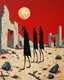 Placeholder: long-legged surreal lean black-grey figures with beak-shaped heads in overcoat, profile, semi-silhouettes among ramshackle ruins in a barren landscape of red, yellow, black and beige colors, intricate acrylic painting