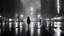 Placeholder: new york late night, tall skyscrapers, girl walking down the street in the rain, photographic, black and white