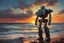 Placeholder: Bright High-Contrast Oil Painting, hyper-detailed hyper-realistic Robot full body, retro-futuristic, chiaroscuro photography, coastal background, dark and vibrant sunset