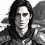 Placeholder: A portrait of Jared Leto in his early 30s, long beachy haircut, black hair, on a rocky island, in ebony armor from Skyrim, melancholic and dangerous facial expression, half-smiling, drawn in the style of ink manga sketch