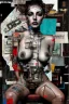 Placeholder: Ultra detailed medium portrait painting of a half naked woman sitting on a chair, bended over, dark room with little light coming from an open door behind her, torn up collage of clippings, broken circuitry background, matrix effects, punk visual art, punk art aesthetic, graffiti art, pop surrealism, collage art, cluttered paint glitches