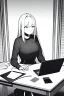 Placeholder: thin hacker girl use a laptop on a table sitting in a cafe, line arts, greyscale