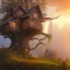 Placeholder: valley, fairytale treehouse village covered,, matte painting, highly detailed, dynamic lighting, cinematic, realism, realistic, photo real, sunset,detailed, high contrast, denoised, centered, michael whelan