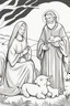 Placeholder: cartoon style, only strokes black white, simple lines, baby Jesus lying in a manger, mary and joseph, barn animals, the 3 wise men, white backgrond, white hair and beard, biblical characters, no grayscale