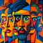 Placeholder: A monumental large-scale oil painting featuring intricate stylized faces seamlessly interwoven with geometric shapes. Vibrant, saturated colors – deep blues, warm oranges, bright yellows, reds, and greens – cover the entire canvas edge-to-edge with no borders. The composition is immersive and dynamic, with overlapping planes and deconstructed features creating a cubist-inspired mosaic. Thick layered brushstrokes, rich textures, and an expansive gallery feel draw the viewer into the artwork. --v