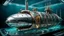 Placeholder: An unique cyber steampunk glass and metal submarine in the ocean, with large of water surrounding it. The submarine bottom positioned in the center of the frame, providing a unique perspective on this streamlined high-techstructure and interior equipment underwater, high detalied, sharp focus, best shot, sci-fi mood