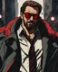 Placeholder: a young man with big muscles who looks like hans gruber wearing a heavy coat and red sunglasses staring with an irritated look on his face