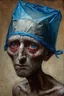 Placeholder: A strange and gloomy stick man with a blue plastic bag on his head. Surrealism, figurative painting with elements of the Bauhaus style. Intense textures.