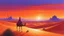 Placeholder: A hyper-realistic oil painting capturing the vast desert landscape with a vibrant sunset casting long shadows on the sand dunes, a lone camel silhouetted against the horizon, mirage-like waves of heat rising from the ground. The sky is painted in warm hues of orange, pink, and purple, creating a surreal and dream-like atmosphere