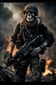 Placeholder: ultra high definition image of an attractive but scary looking skeleton, rising from the ashes, a war veteran, partially humanlike characteristics, army beret and ripped amo wear, very detailed, chaotic background, dramatic close-up action shot of him on a burned out war tanker with a torpedo on shoulder ready to fire and ammo ,gothic and dark theme, 12k