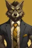 Placeholder: Buff, anthro, wolf, himbo, black fur, gold eyes, wearing a suit