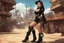 Placeholder: photorealistic exotic sci-fi steampunk slim pin-up girl in black shoes, in a futuristic sci-fi wild west town