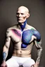 Placeholder: a full body display of a beautiful man with cancer, his skin composed of cancer shaped cells, they cover his entire body like a tattoo, symbolic for wearing his illness on the outside, no hair, in a dramatic pose in a photo studio, he sits with his face slightly hidden as he is shamed, lighting with focus on skin, ultra photo realistic, 32k, highly detailed,. selective colors