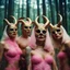 Placeholder: [Shot on 35mm film from a 1970s movie by Mil Mascaras] surrounded by models with pink lipstick and tattoos : A satanic ritual with and goat golden skull masks in the forest