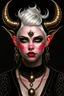 Placeholder: A young tiefling woman with a set of ram horns on her head encrusted with jewels, White-Blonde, short hair, black eyes, no pupils, dressed in black with lots of jewelry, beautiful, satanic tattoos on her neck, she looks evil