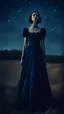 Placeholder: Under a starry dark blue sky woman in long nice vintage dress, dark deep colours, gothic, sharp focus, detalied, cinematic, atmospheric, weird, crepy stunning