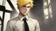 Placeholder: 18 year old boy in white shirt black tie short yellow hair serious and handsome DC Comics art in a dark place lighting a lighter