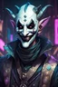 Placeholder: draw a jester like villain that is in cyberpunk universe and he wears a pale theater smiling face mask