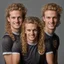 Placeholder: 85mm DSLR colour photography of a very detailed headshot fitting all of head and hair in frame. 22year old Germen soccer player, with blonde hair color and no facial hair and has long curly hair with a small smile, grey background