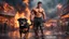 Placeholder: Hyper Realistic photographic-view of Handsome-&-Muscular-Shirtless-Happy-Male-Firefighter-black-hair Saves an adorable Rottweiler from a heavy-fire in an amusement park with destruction & burned-marks-everywhere at dark-rainy-night showing dramatic & cinematic ambiance.