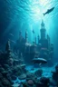Placeholder: Under water world a city like Atlantis under the water with sharks fish statues , high quality picture with water and a submarine