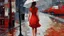 Placeholder: colorful flat illustration , A young Caucasian woman with long brown hair wearing a red dress and holding a white umbrella, walking alone on a rainy city street with blurred buildings and lampposts in the background, draw art style influenced by japanese artists, niji, black outlines