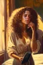 Placeholder: A beautiful woman with curly brown hair, a pensive expression, holding in one hand an old dial phone with the cord wrapped around her body, in a luxurious room in sunshine