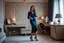Placeholder: very beautiful sexy lady with beautful dark blue midi skirt and blouse standing in a luxury bedroom with high heels next to makeup desk looking to camera