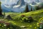 Placeholder: Peder Mork Monsted style,alpine meadow with flowers, mountains in the distance