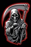 Placeholder: Grim-Reaper gripping scythe with both hands, vignette, black and white vector with a red outline, and black background, biker style