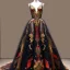 Placeholder: stunning extrem opulent haute couture gown designed by Marchesa inspired by fairies, realistic epic elegant fantasy color mix of black and gold and dark red,decorated with precious stones, detailed, high quality, intricate, fantasyland background,