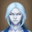 Placeholder: Female Air Genasi Monk with pale blue skin color, white hair, grey eyes, and serene facial expression.