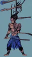 Placeholder: A male water genasi with deep blue skin color, water shape dred hair on head. Shaolin monk with long stick weapon, kung fu master, martial art