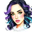 Placeholder: Create a captivating portrait of a beautiful woman with green eyes, curly black hair with purple, teal and turquoise highlights and long eyelashes. With a white ruffled blouse, uncropped head and against a white background, watercolor illustration