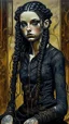 Placeholder: highly detailed, full body oil painting, petite goth girl with long dark braided hair, sharply defined angular facial features, anatomic perfection, by Andrea Kowch> <Yoji Shinkawa> <Jean-Giraud Moebius, saturated vibrant natural color tones, precisely drawn and inked, 8k resolution